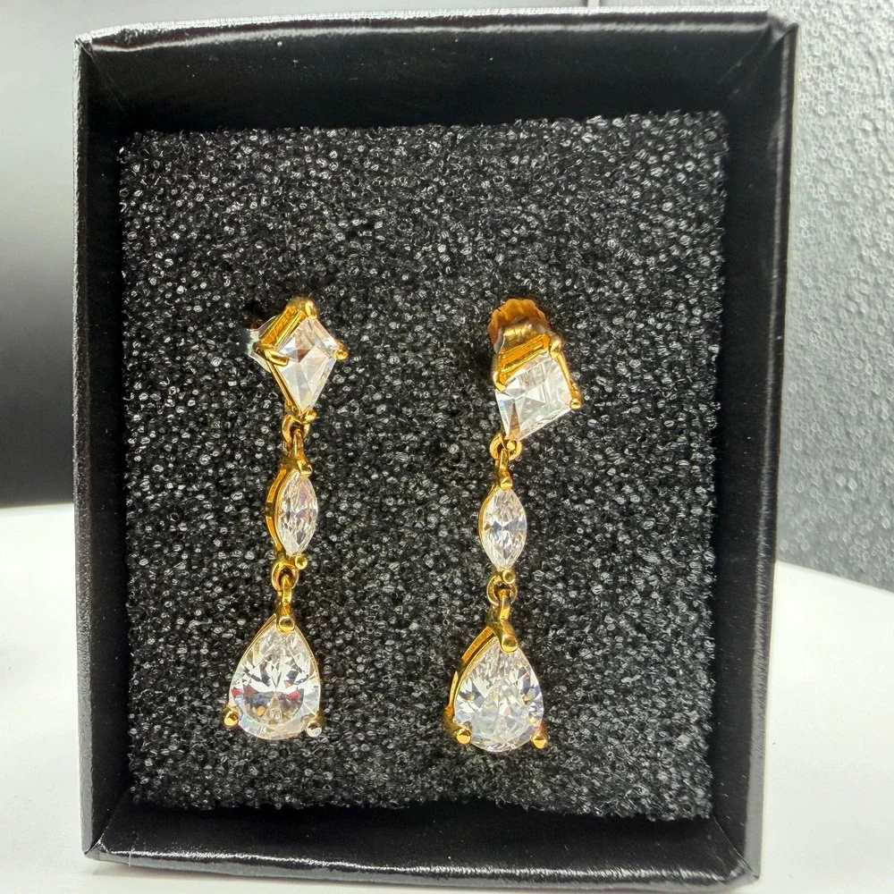 Gold Tone Clear Crystal CZ Long Drop Dangle Earrings Pear Marquise Kite Pierced